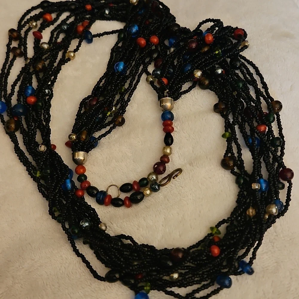 Vintage Indian Black and Multicolor Rainbow Glass Beaded Multi-strand Necklace